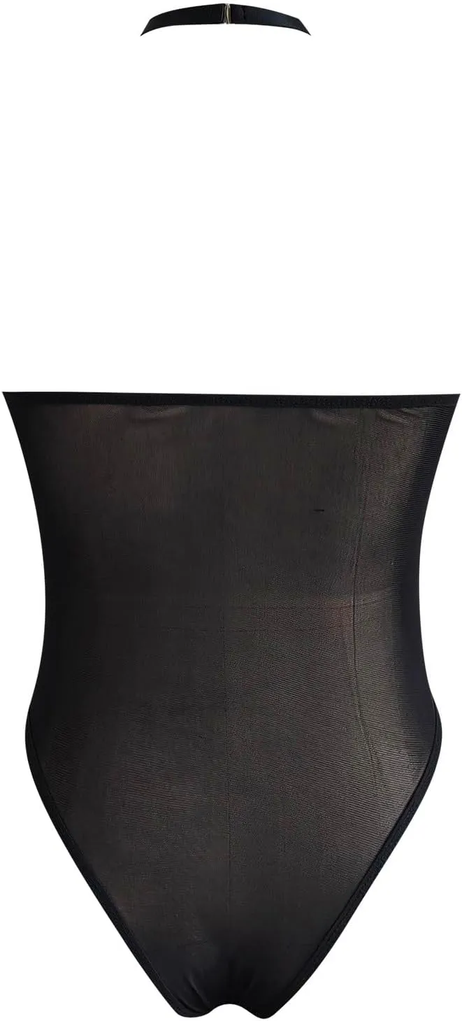 Pu Leather Lingerie Black Snap Crotch Bodysuit One Piece Leotard Halter Body Suit Top Valentines Day Lingerie Negligee