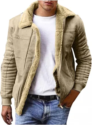 QWENTMTNTY Bomber Jacket for Men Faux Leather Winter Warm Sherpa Fleece Lined Coat Lapel Collar Zip Motorcycle Jackets Outerwear