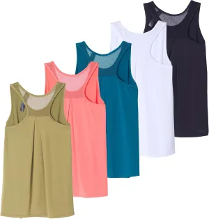 Real Essentials 5 Pack: Women's Racerback Workout Tank Top Mesh Back Dry-Fit Sleeveless Running Gym (Available in Plus Size)