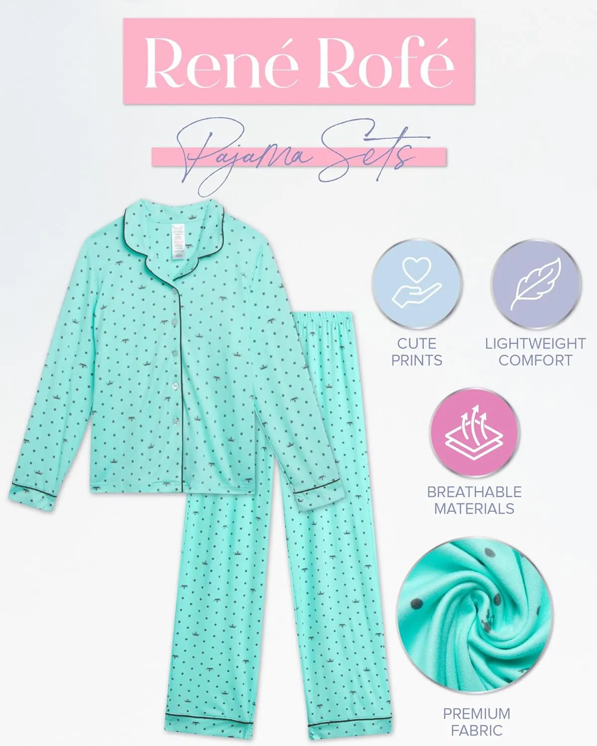 Rene Rofe Girls' Pajama Set - 2 Piece Long Slevee Button Down Pajama Shirt and Pants Set - Cozy Printed Matching Pajamas 4-12