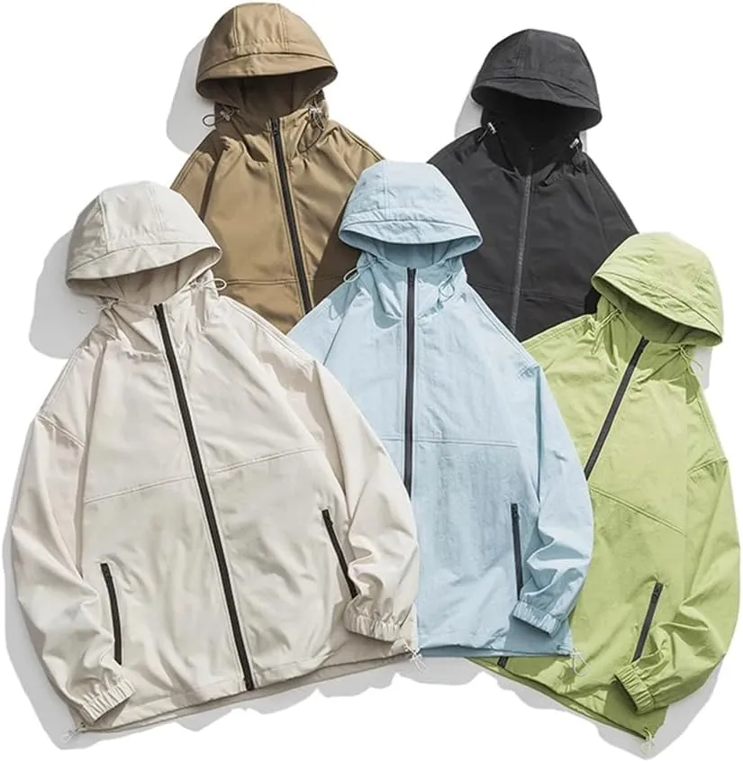 Rfmfkkg Men Solid Color Casual Hooded Jackets Zipper Pocket Windbreaker Streetwear Warm Outerwear