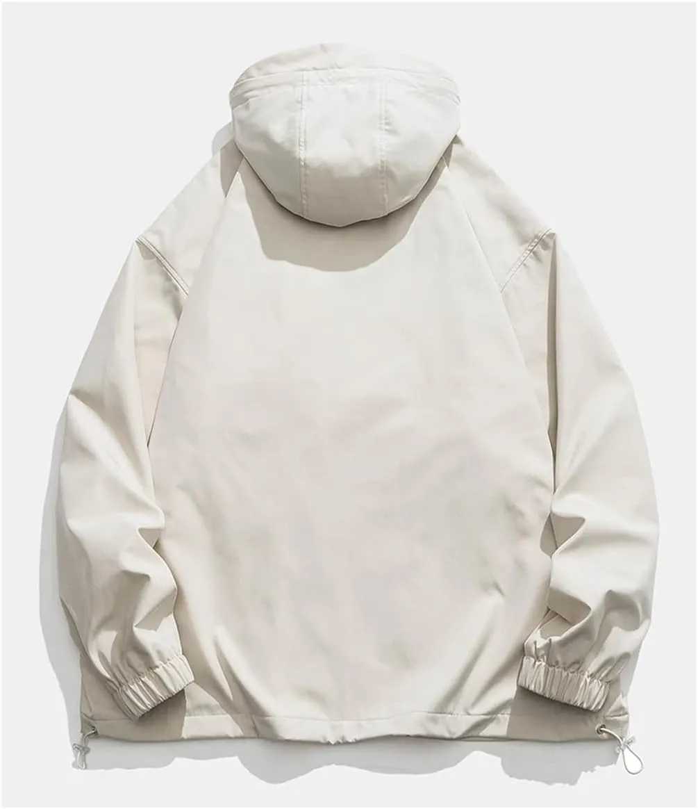 Rfmfkkg Men Solid Color Casual Hooded Jackets Zipper Pocket Windbreaker Streetwear Warm Outerwear