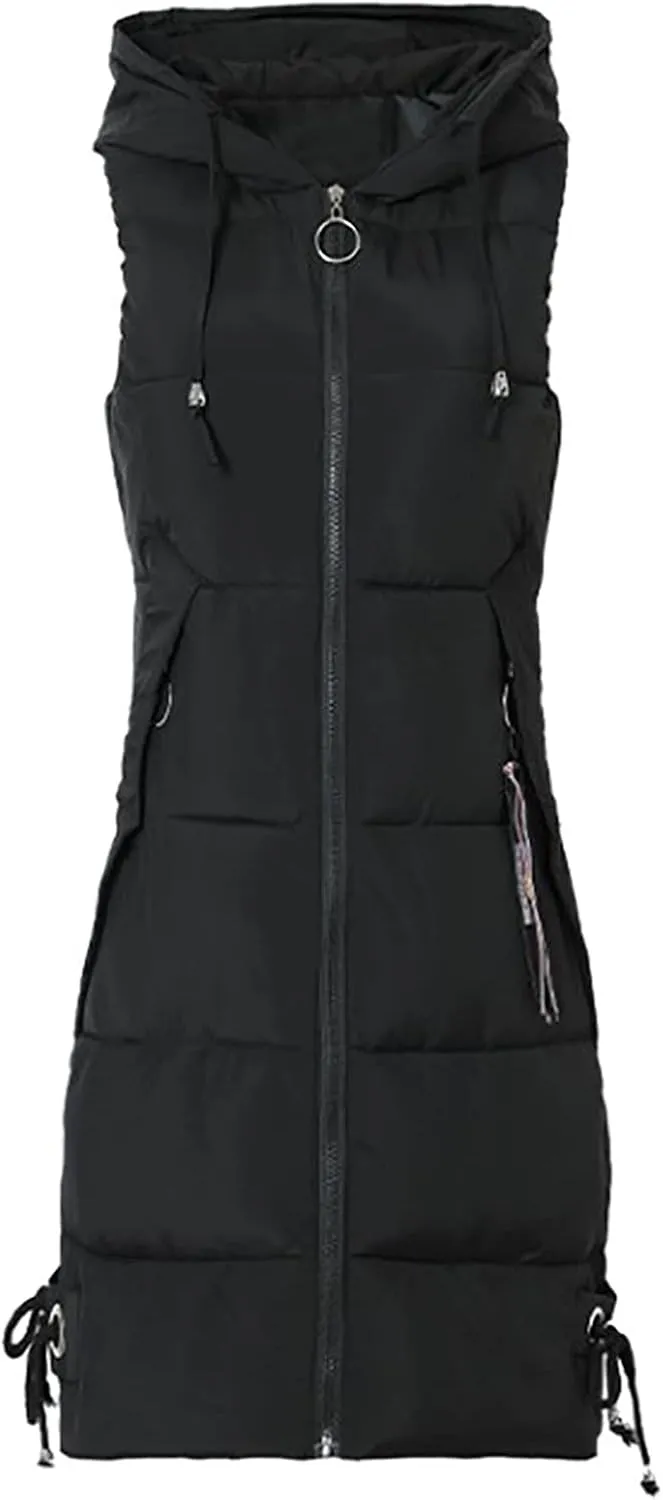 RKSTN Down Vest Sleeveless Puffer Jacket for Women Long Winter Coats Vest with Hood Warm Down Coat Outdoor Zipper Outerwear