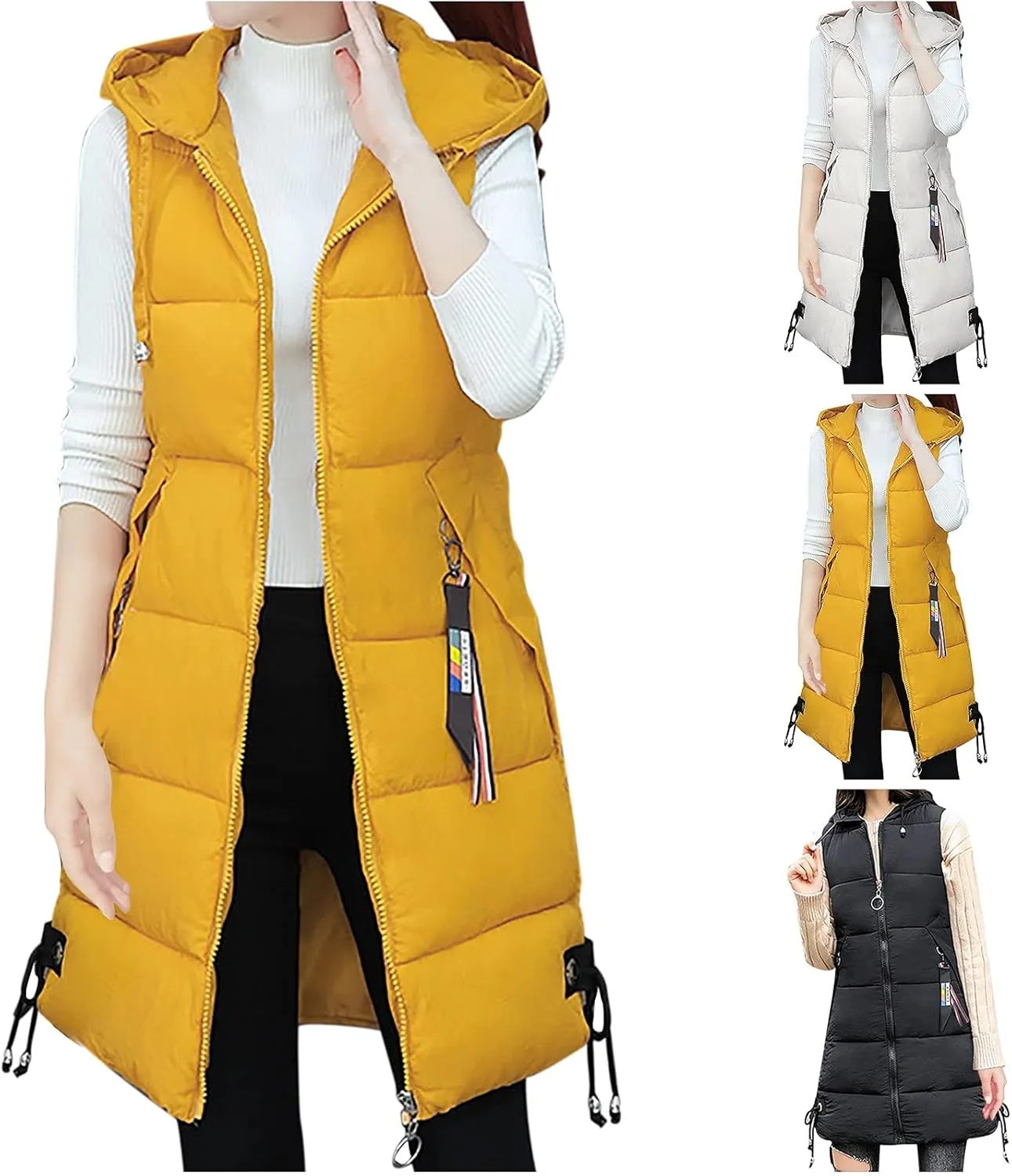 RKSTN Down Vest Sleeveless Puffer Jacket for Women Long Winter Coats Vest with Hood Warm Down Coat Outdoor Zipper Outerwear