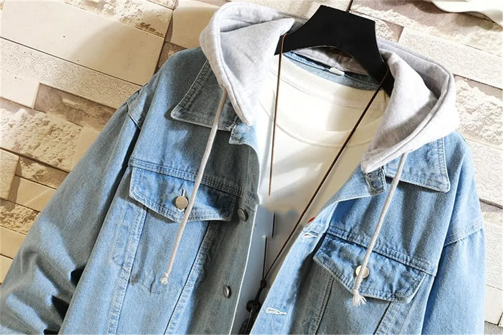 SaoBiiu Men Denim Jacket Hooded Retro Motorcyle Coat Mens Streetwear Hip Hop Bomber Jacket