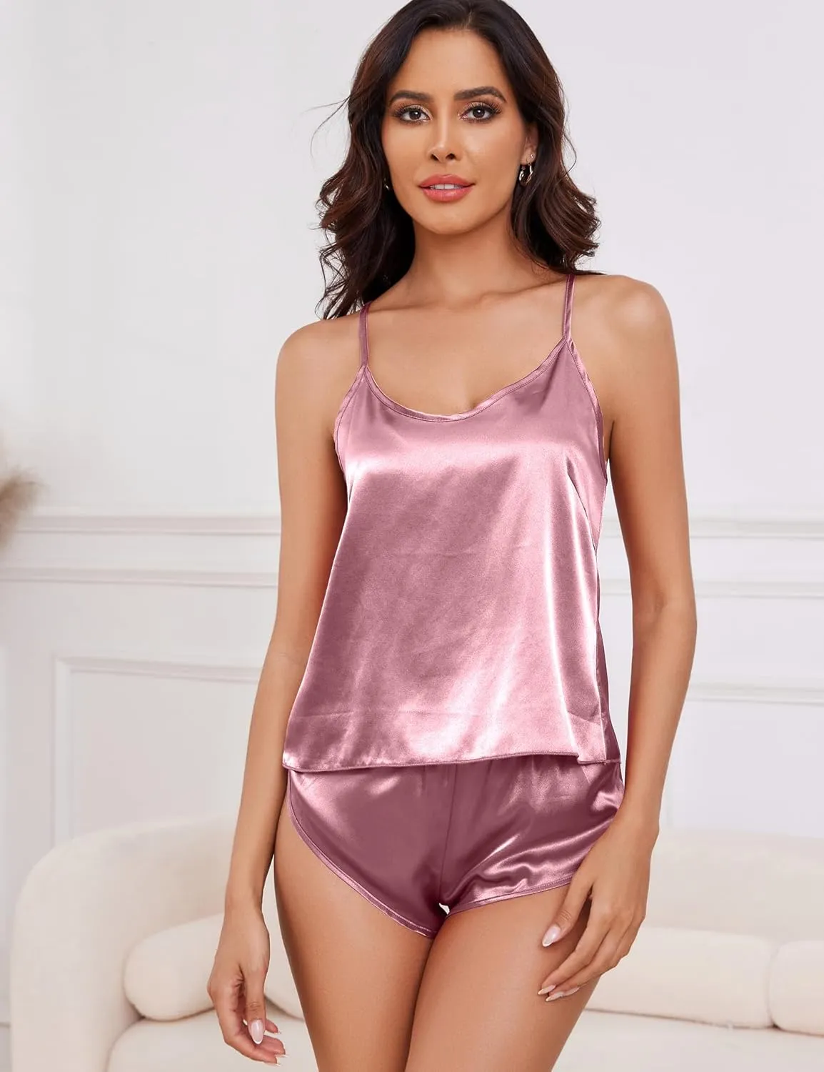 Satin Pajama for Women 2 Piece Lingerie Sets Silk Pj Cami Back Straps Top and Shorts Lounge Set