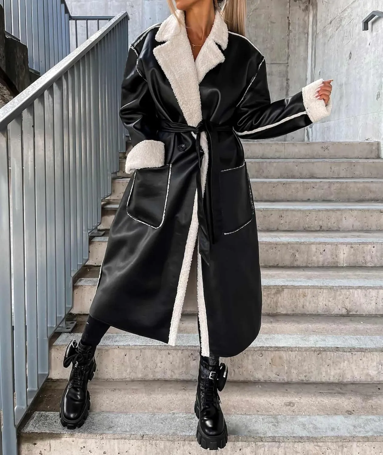 Sexyshine Women's Faux Shearing Long Jacket Moto Bomber Sherpa-Lined Winter Faux Leather Coat Outerwear with Belt