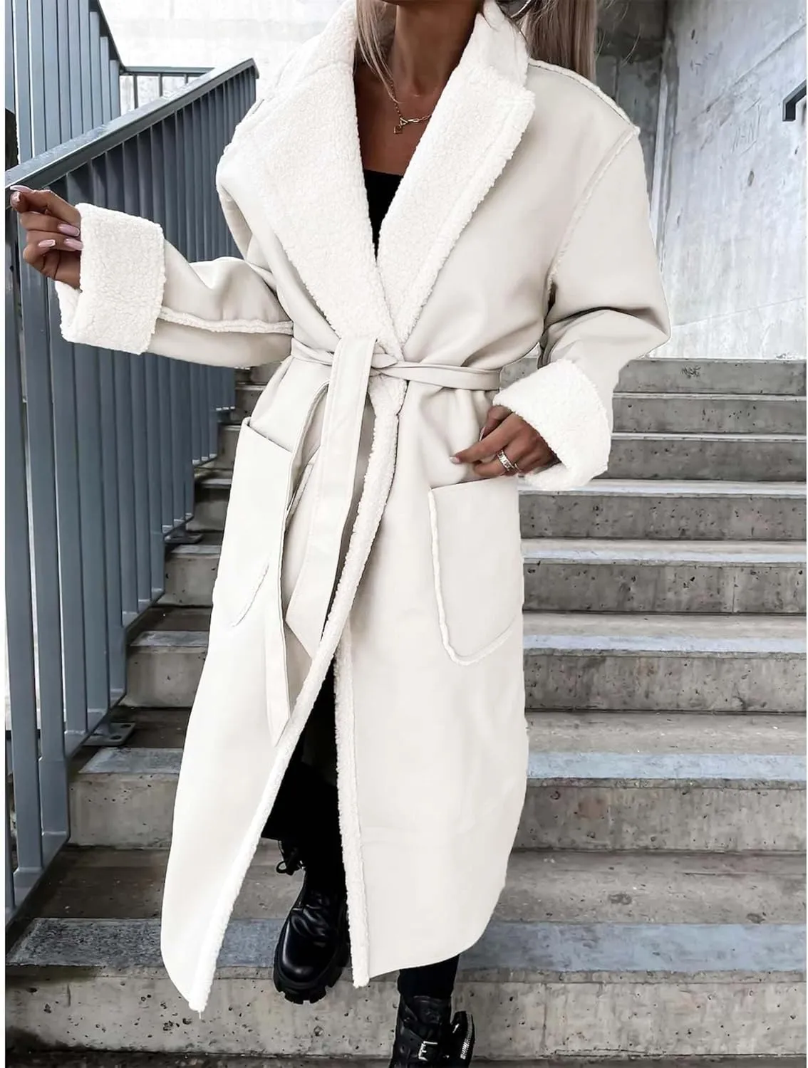 Sexyshine Women's Faux Shearing Long Jacket Moto Bomber Sherpa-Lined Winter Faux Leather Coat Outerwear with Belt