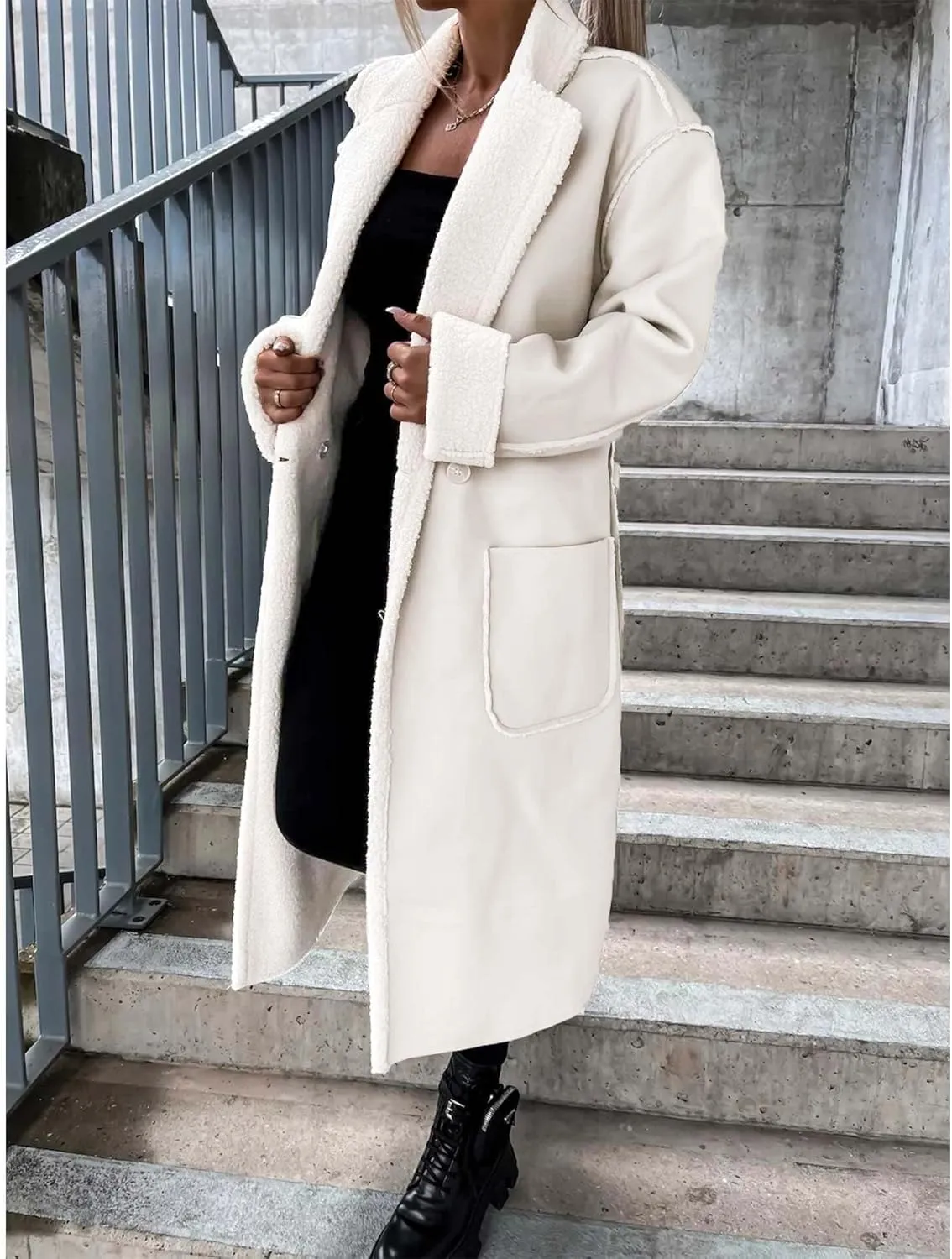 Sexyshine Women's Faux Shearing Long Jacket Moto Bomber Sherpa-Lined Winter Faux Leather Coat Outerwear with Belt