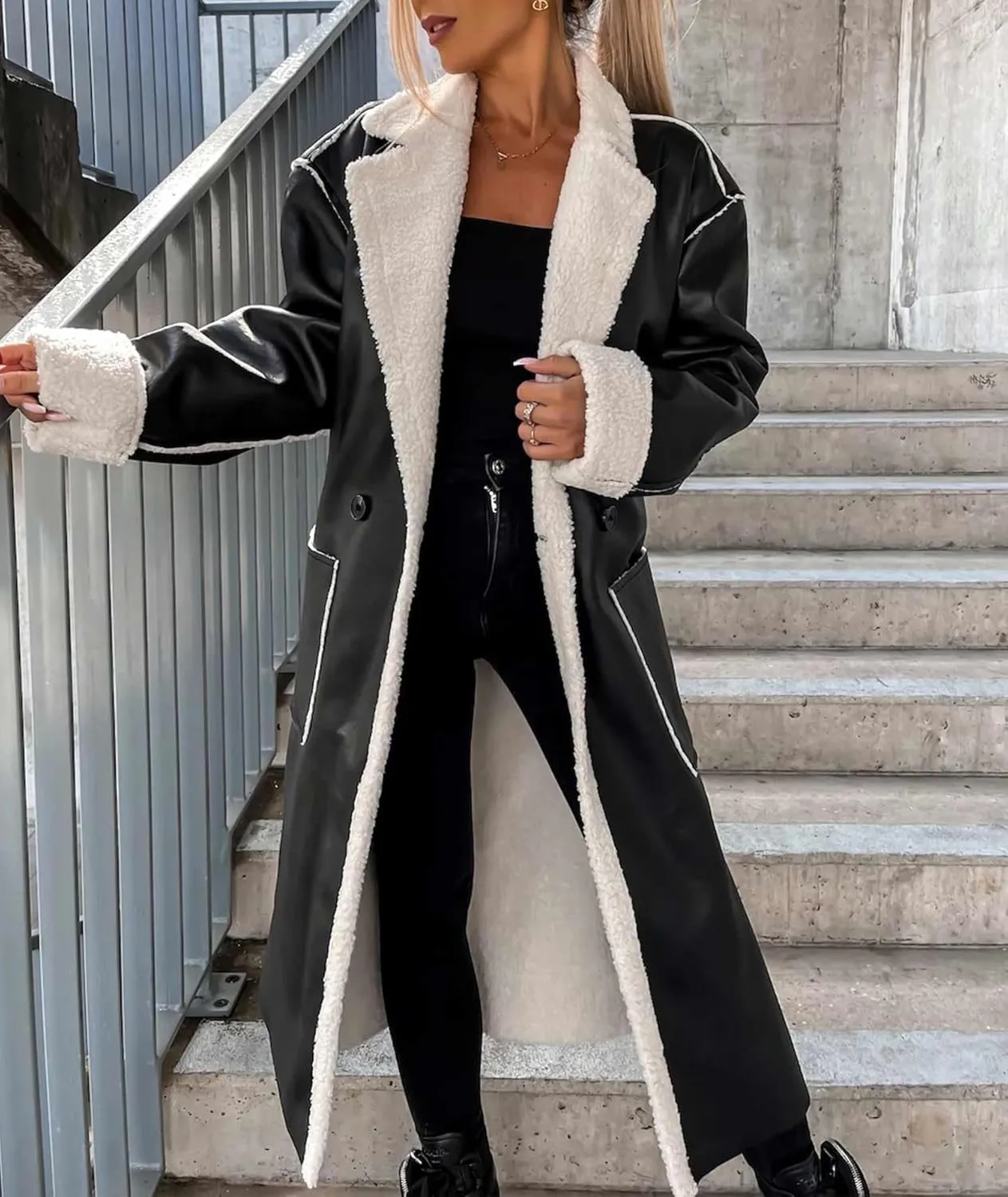 Sexyshine Women's Faux Shearing Long Jacket Moto Bomber Sherpa-Lined Winter Faux Leather Coat Outerwear with Belt
