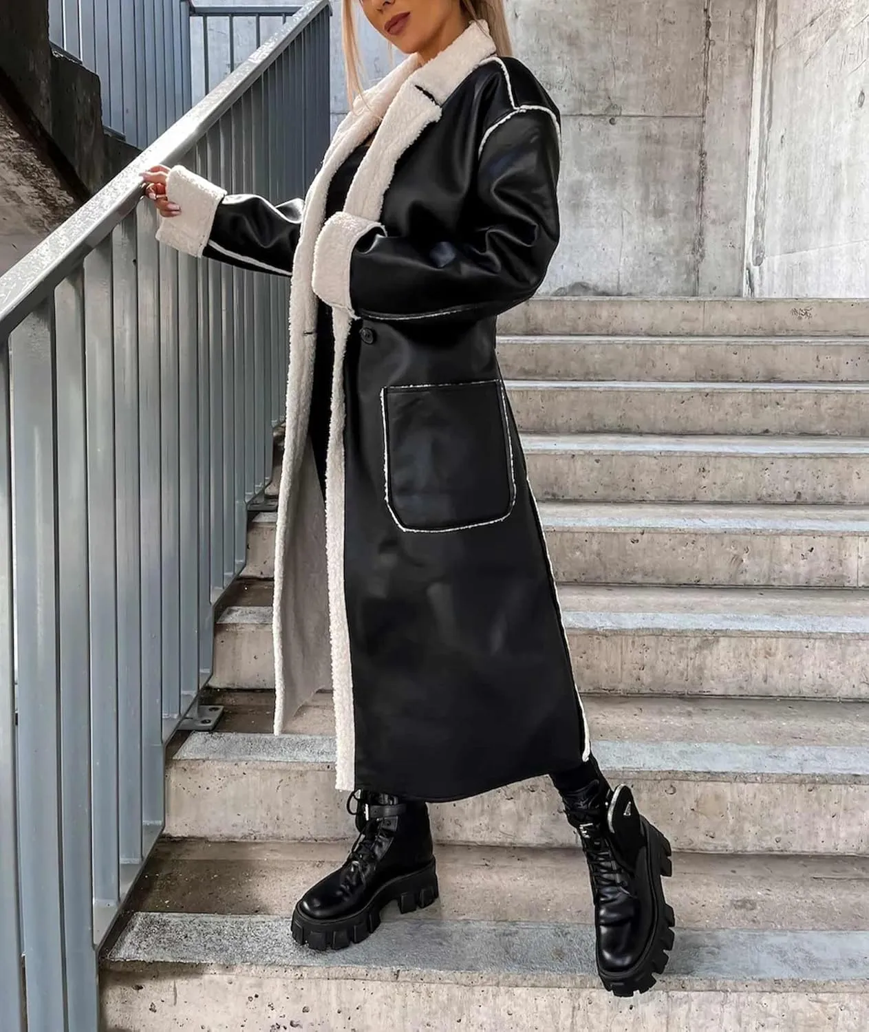 Sexyshine Women's Faux Shearing Long Jacket Moto Bomber Sherpa-Lined Winter Faux Leather Coat Outerwear with Belt