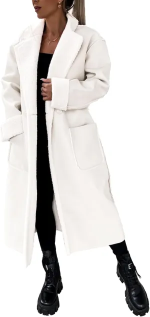Sexyshine Women's Faux Shearing Long Jacket Moto Bomber Sherpa-Lined Winter Faux Leather Coat Outerwear with Belt