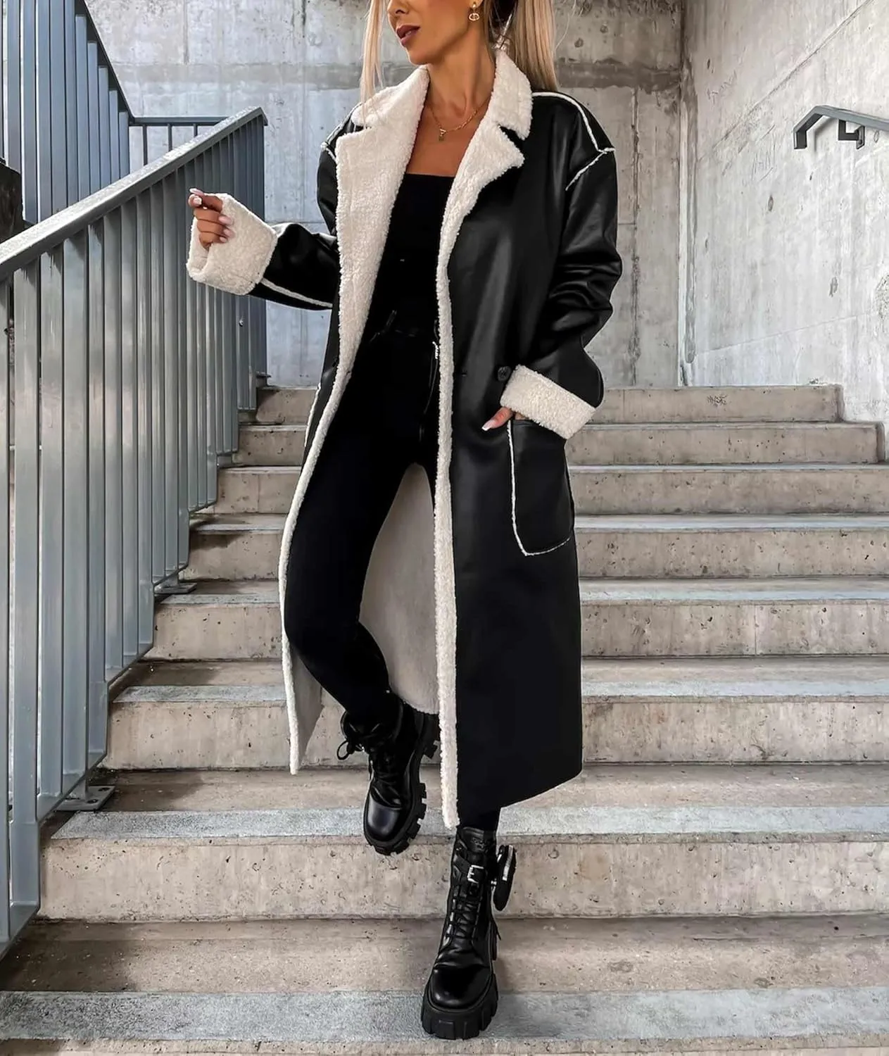 Sexyshine Women's Faux Shearing Long Jacket Moto Bomber Sherpa-Lined Winter Faux Leather Coat Outerwear with Belt