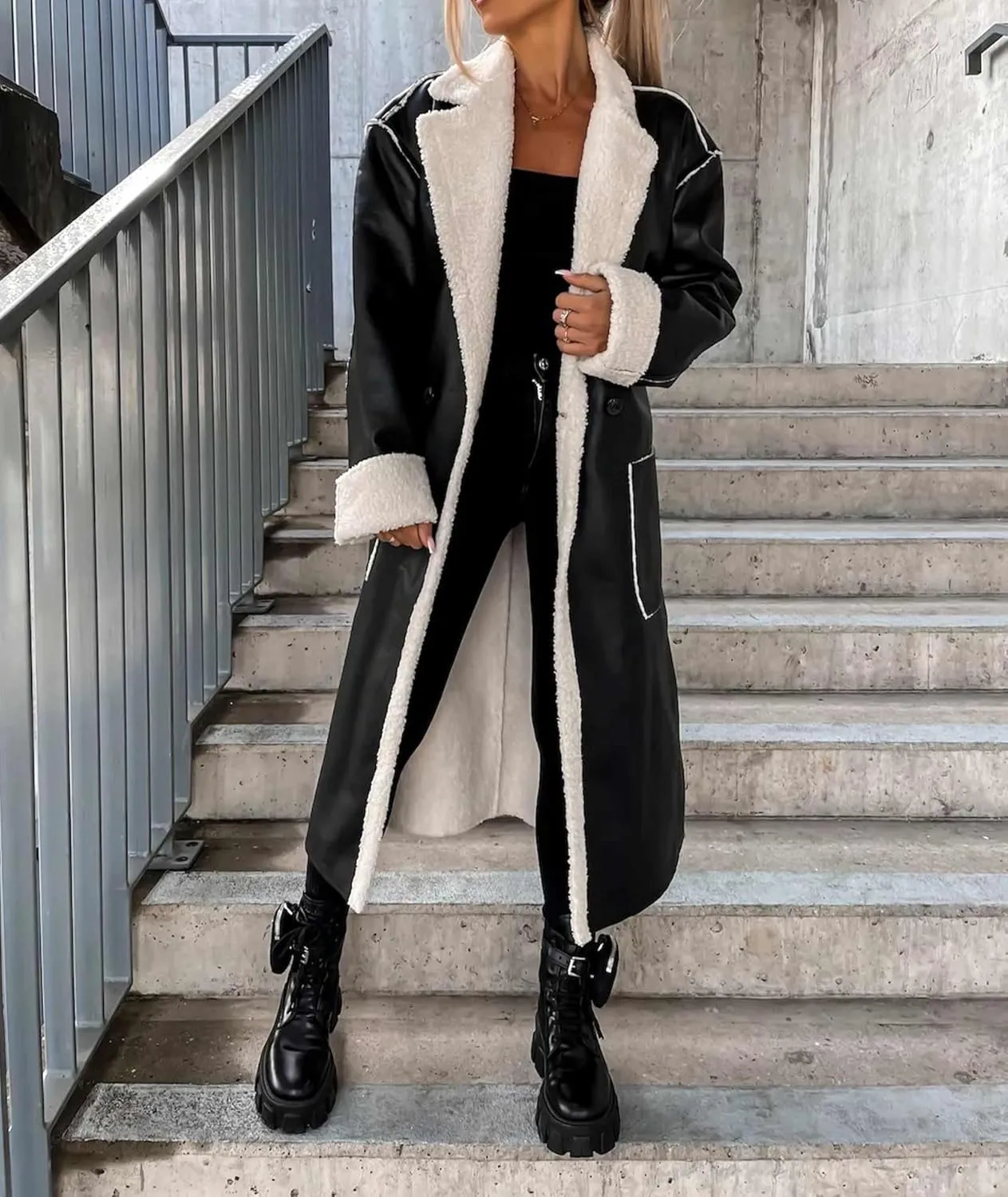 Sexyshine Women's Faux Shearing Long Jacket Moto Bomber Sherpa-Lined Winter Faux Leather Coat Outerwear with Belt