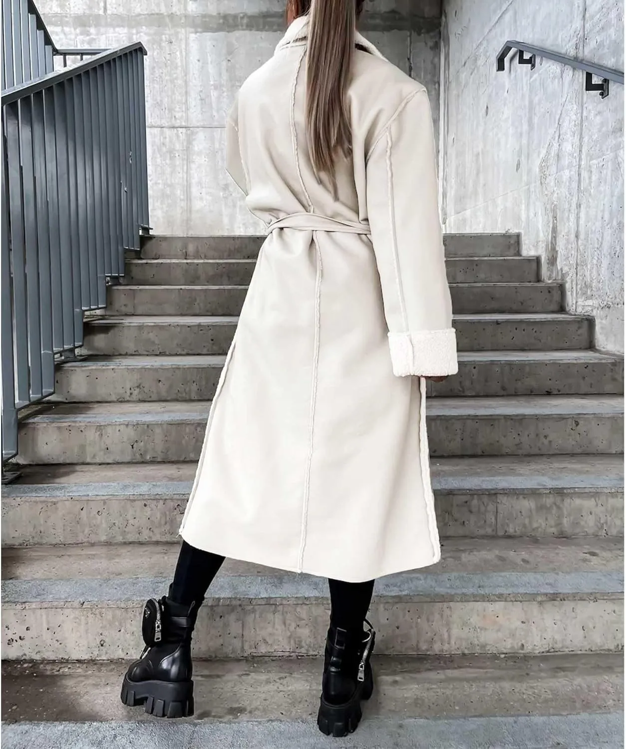 Sexyshine Women's Faux Shearing Long Jacket Moto Bomber Sherpa-Lined Winter Faux Leather Coat Outerwear with Belt