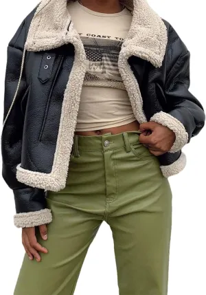 Sexyshine Women's Faux Shearing Moto Bomber Jacket Sherpa-Lined Coat Winter Aviator Leather Coat Outerwear