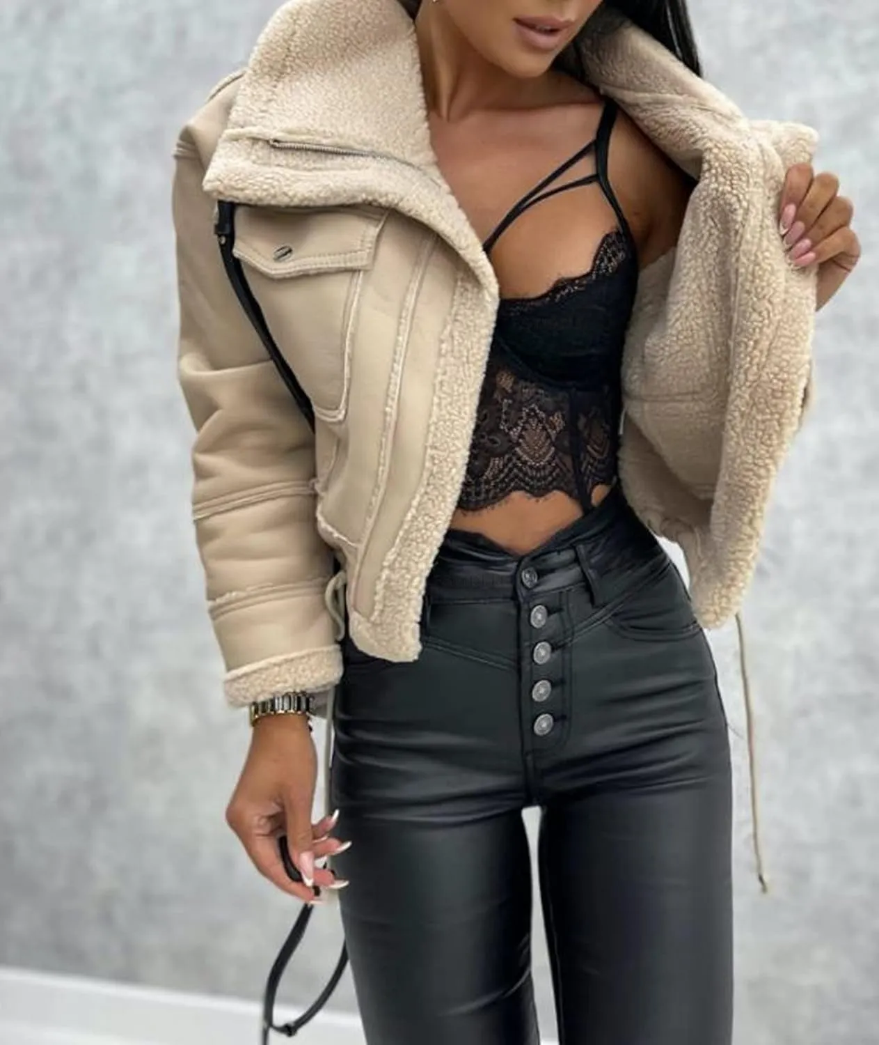Sexyshine Women's Faux Shearing Moto Bomber Jacket Sherpa-Lined Coat Winter Aviator Leather Coat Outerwear