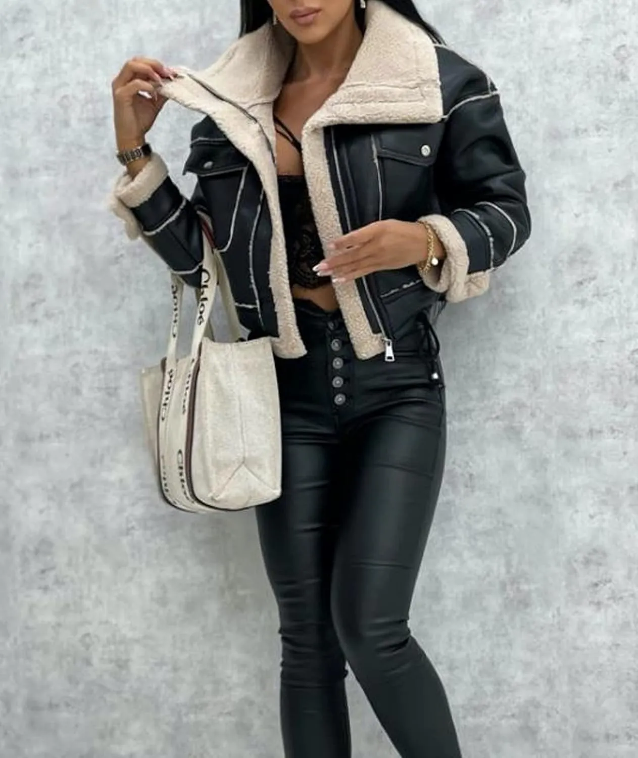 Sexyshine Women's Faux Shearing Moto Bomber Jacket Sherpa-Lined Coat Winter Aviator Leather Coat Outerwear