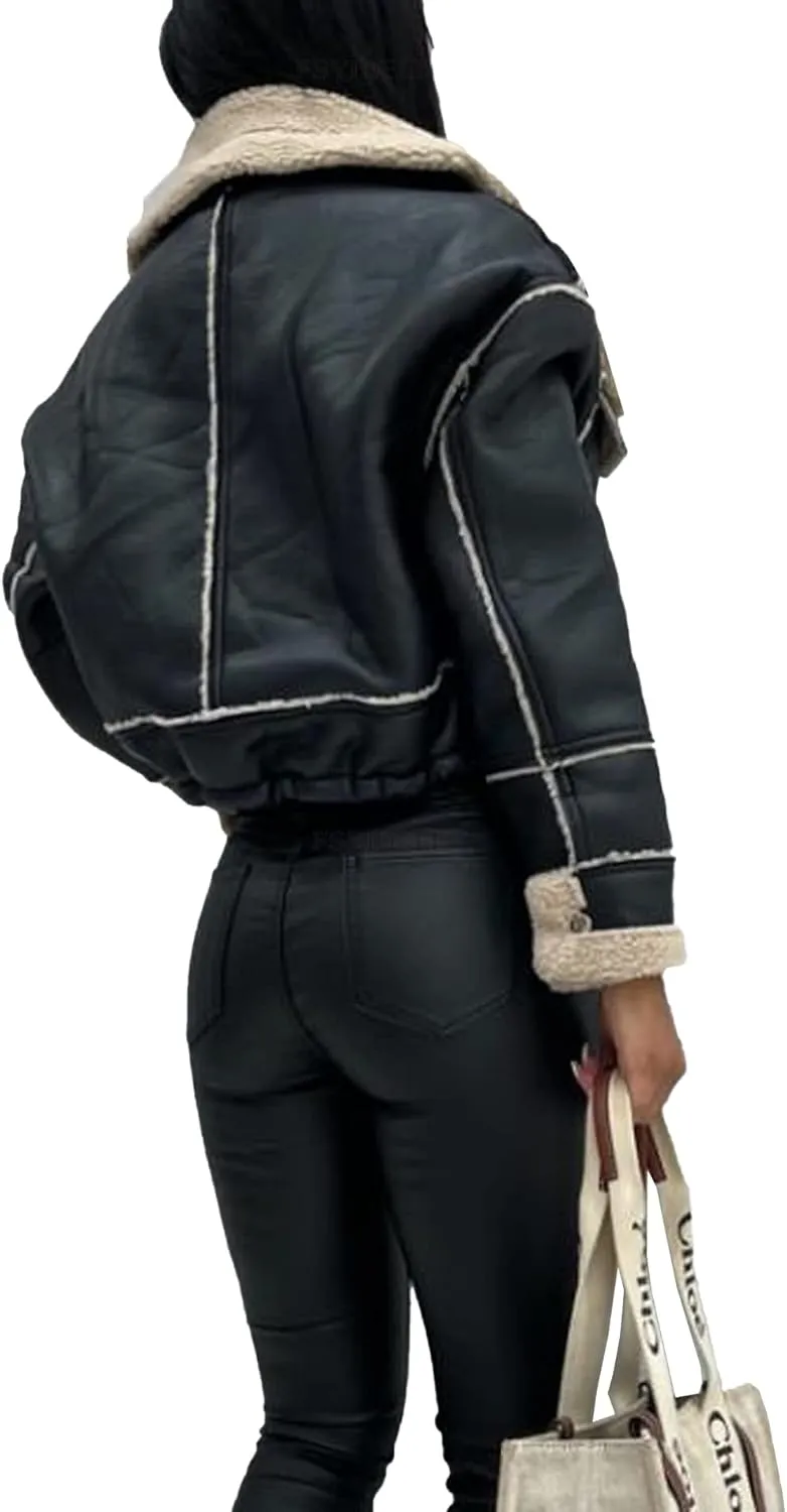 Sexyshine Women's Faux Shearing Moto Bomber Jacket Sherpa-Lined Coat Winter Aviator Leather Coat Outerwear