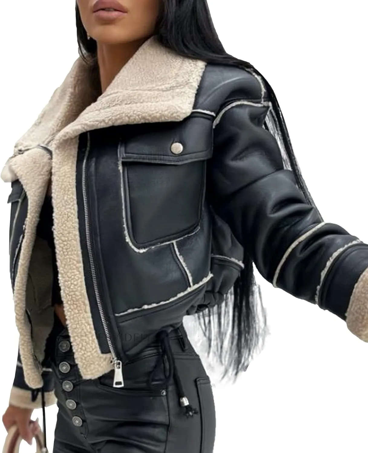 Sexyshine Women's Faux Shearing Moto Bomber Jacket Sherpa-Lined Coat Winter Aviator Leather Coat Outerwear