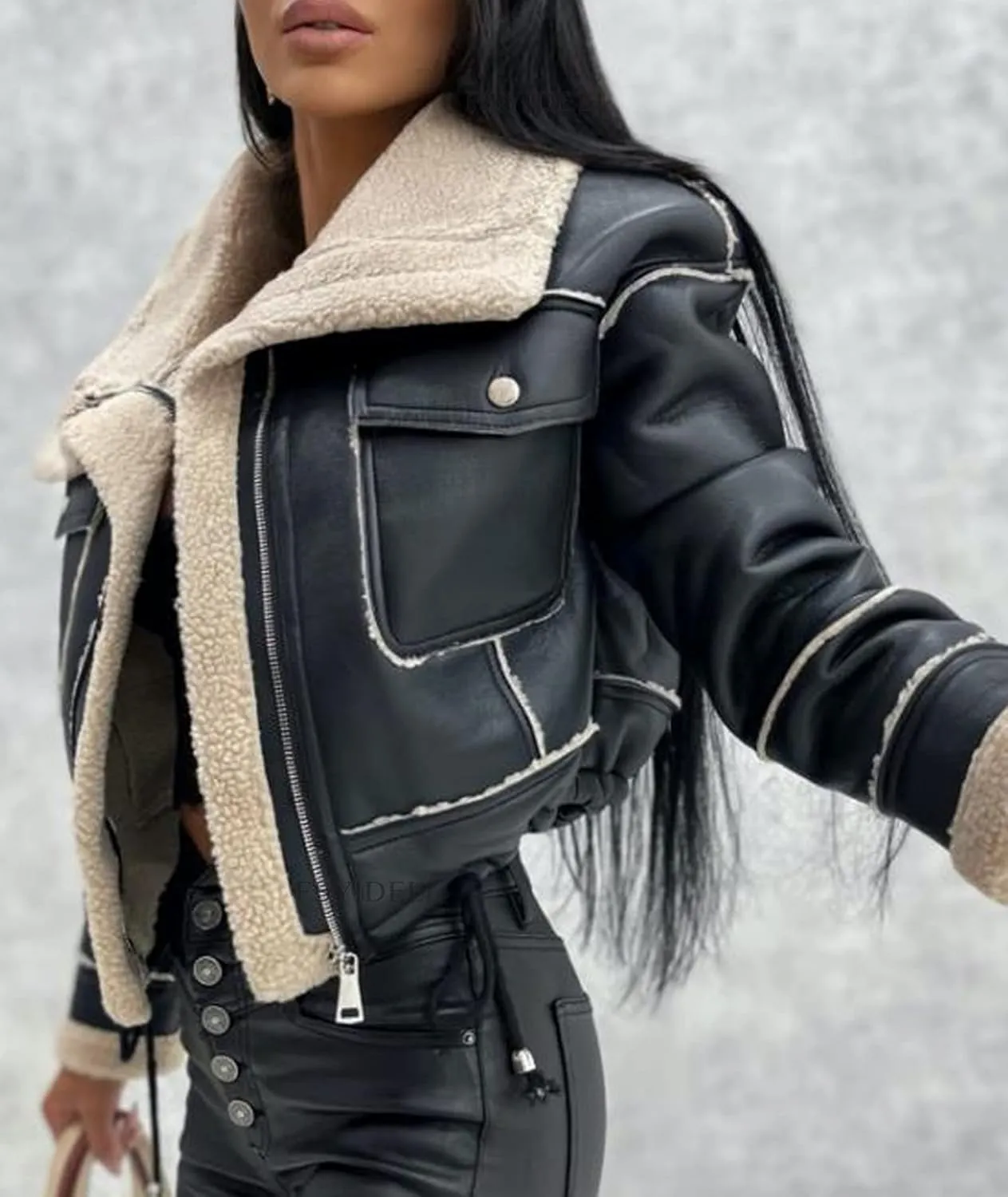 Sexyshine Women's Faux Shearing Moto Bomber Jacket Sherpa-Lined Coat Winter Aviator Leather Coat Outerwear