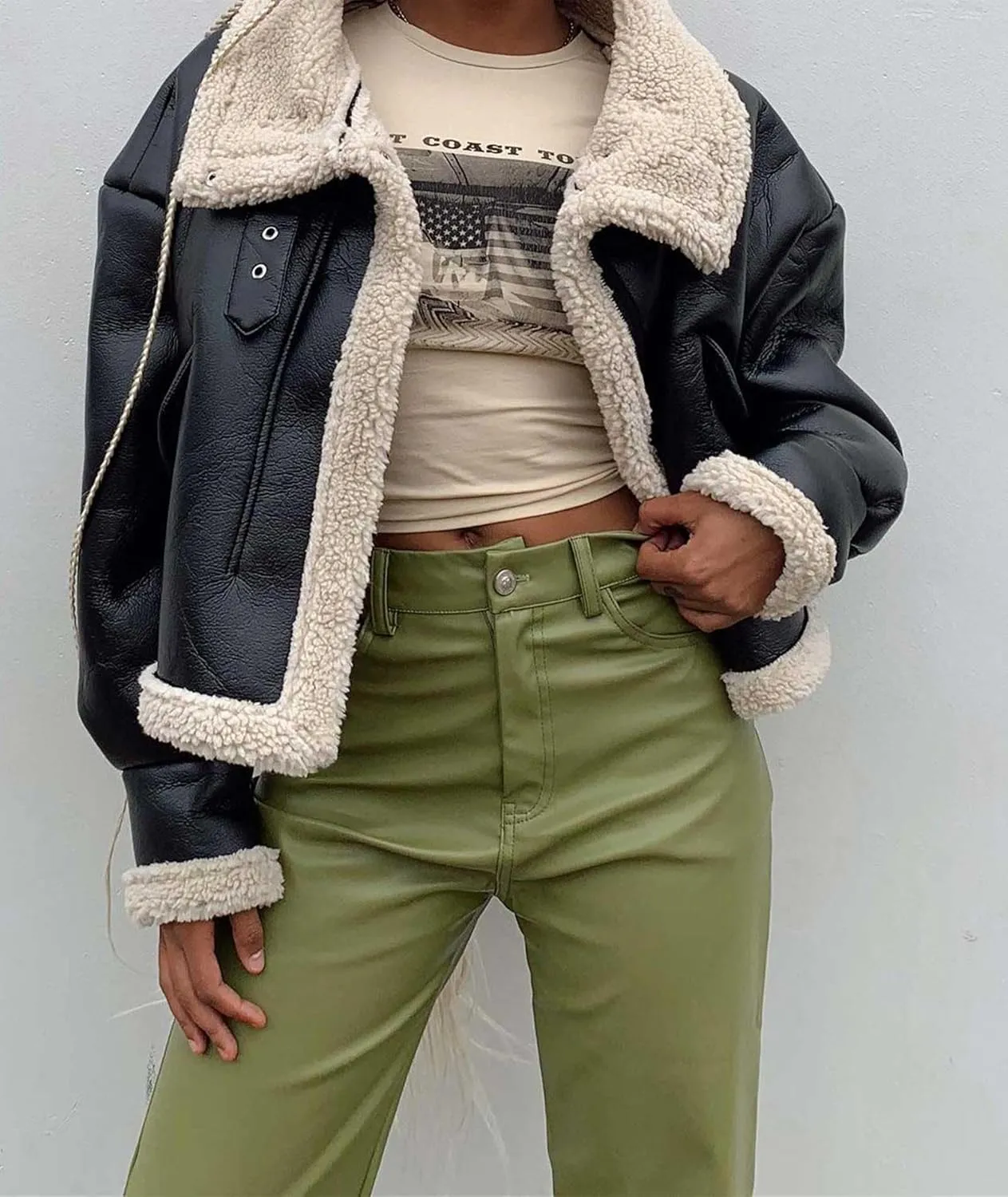 Sexyshine Women's Faux Shearing Moto Bomber Jacket Sherpa-Lined Coat Winter Aviator Leather Coat Outerwear