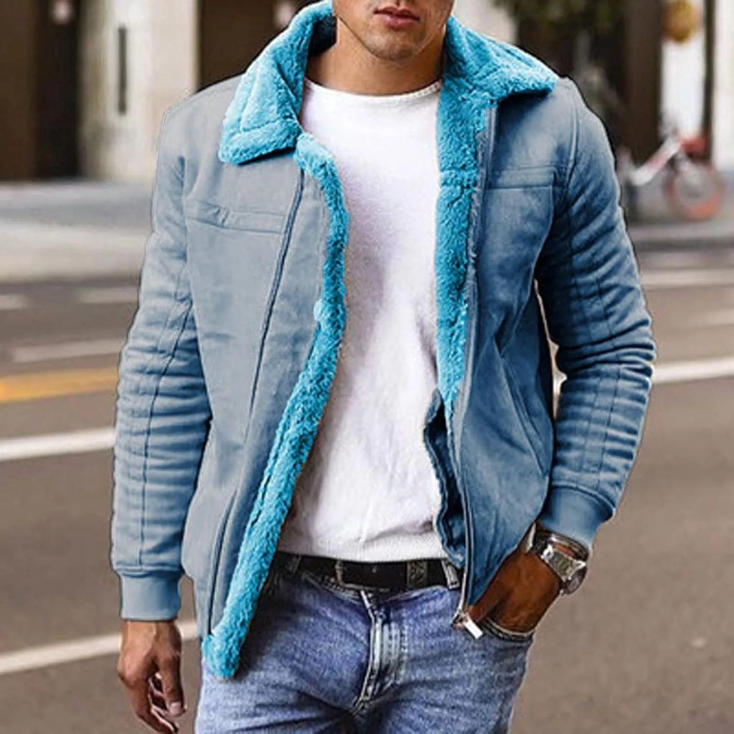 Sherpa Fleece Lined Trucker Jackets for Men Faux Suede Bomber Jackets with Fur Collar Big and Tall Flight Jackets