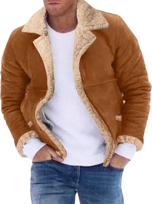 Sherpa Lined Bomber Jackets for Men Lapel Collar Zip Up Faux Suede Jackets with Pockets Big and Tall Flight Jackets