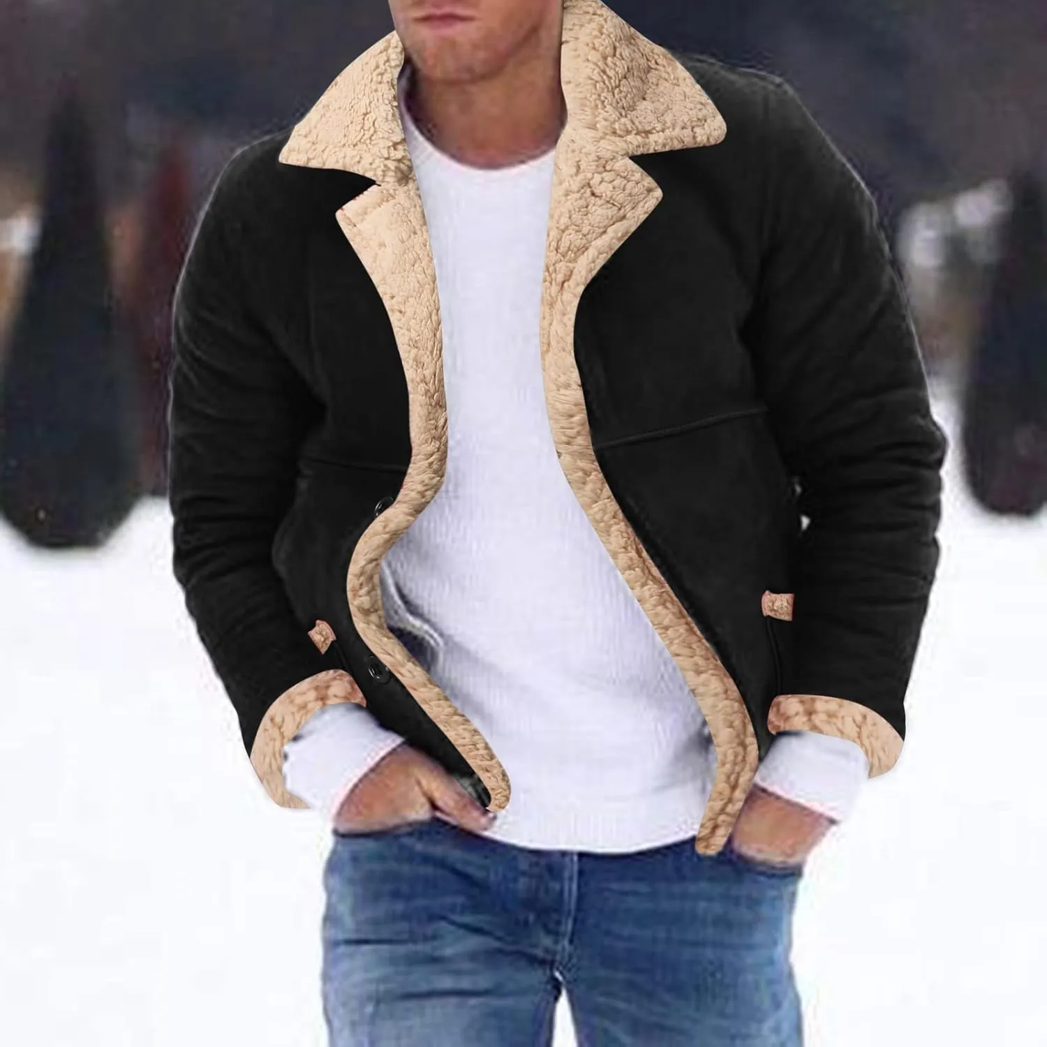 Sherpa Lined Bomber Jackets for Men Lapel Collar Zip Up Faux Suede Jackets with Pockets Big and Tall Flight Jackets