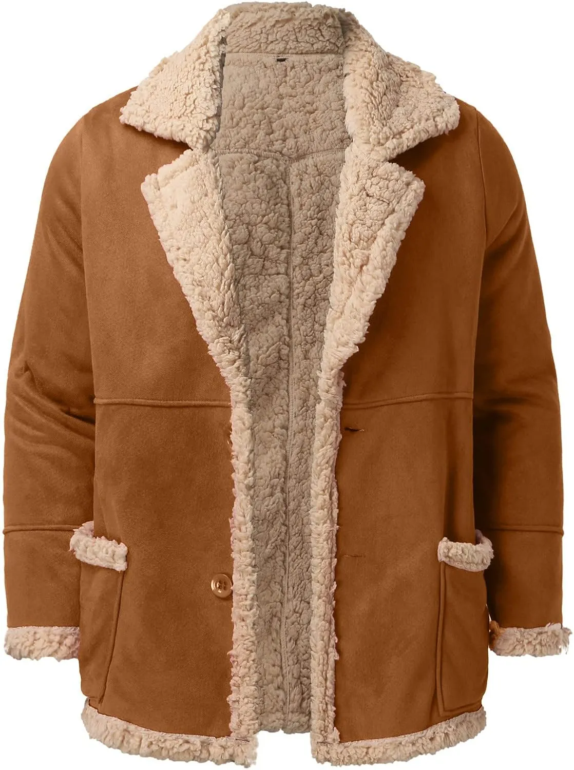 Sherpa Lined Bomber Jackets for Men Lapel Collar Zip Up Faux Suede Jackets with Pockets Big and Tall Flight Jackets