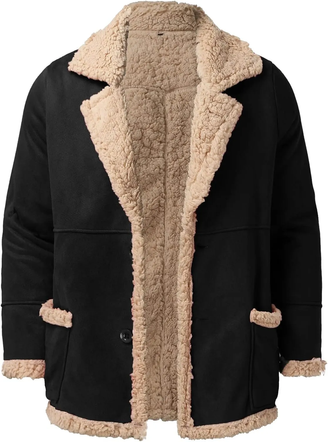 Sherpa Lined Bomber Jackets for Men Lapel Collar Zip Up Faux Suede Jackets with Pockets Big and Tall Flight Jackets