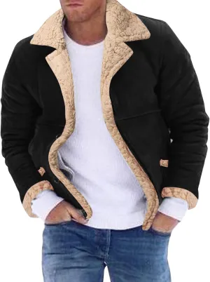 Sherpa Lined Bomber Jackets for Men Lapel Collar Zip Up Faux Suede Jackets with Pockets Big and Tall Flight Jackets