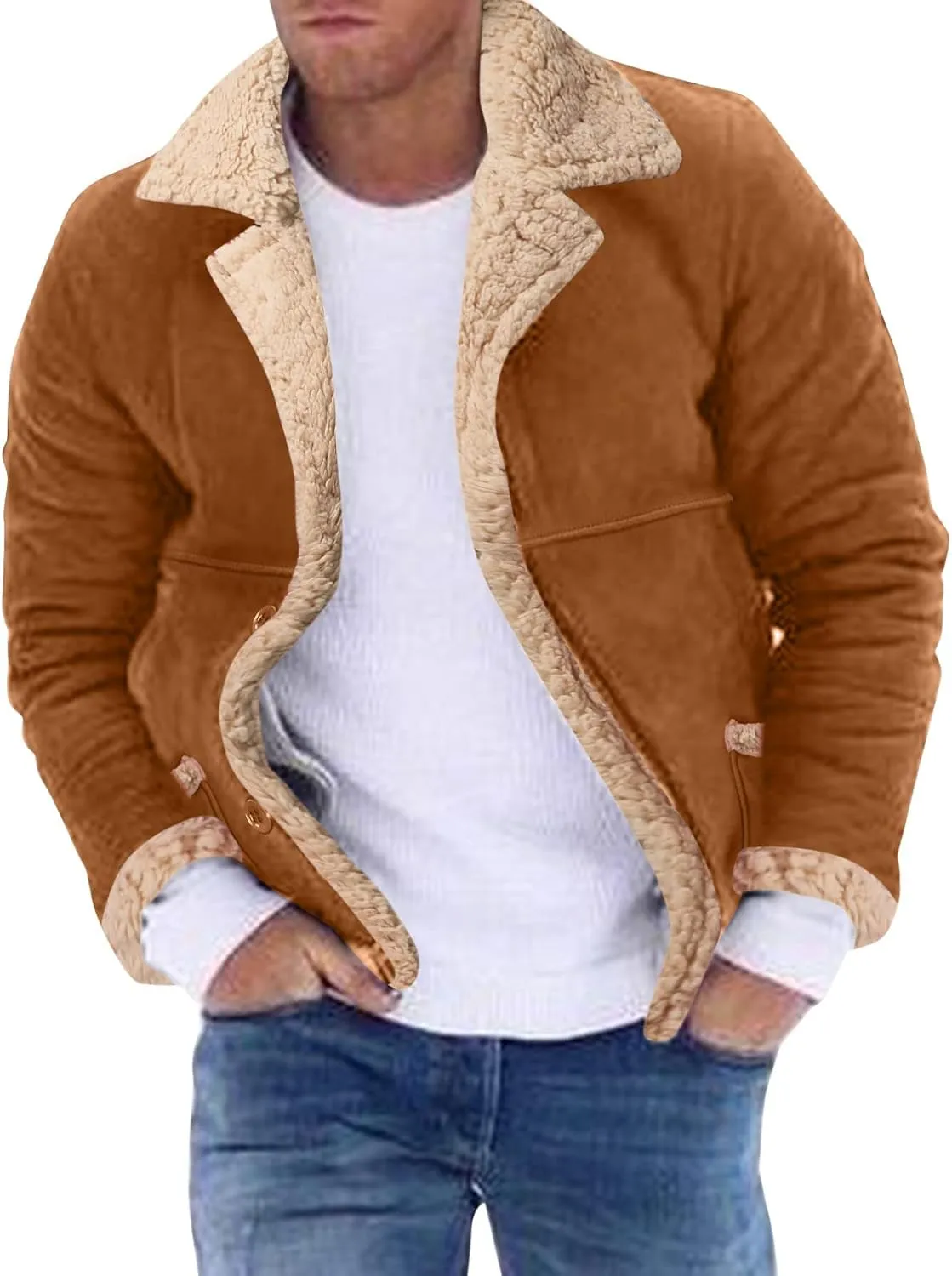 Sherpa Lined Bomber Jackets for Men Lapel Collar Zip Up Faux Suede Jackets with Pockets Big and Tall Flight Jackets