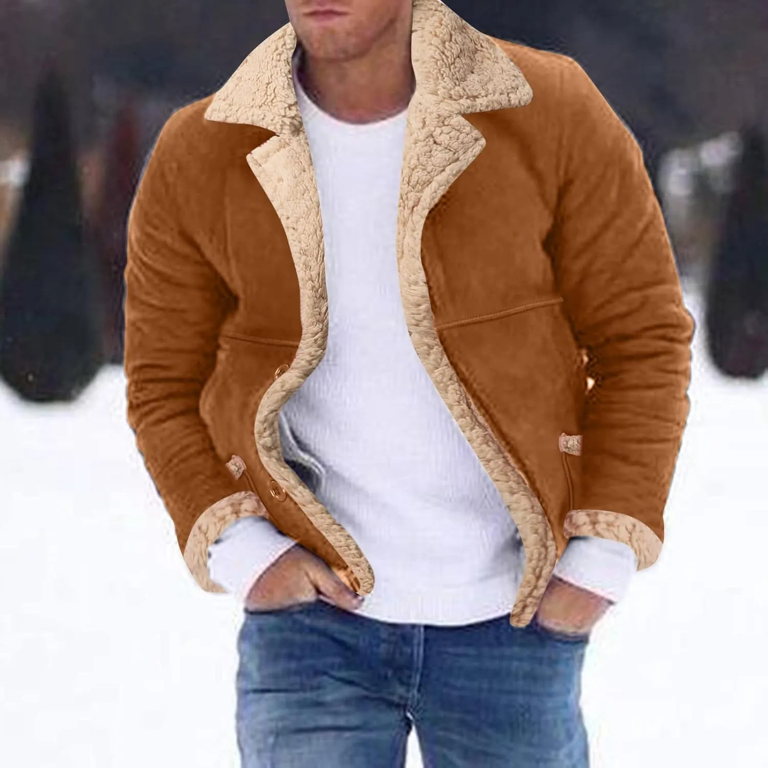 Sherpa Lined Bomber Jackets for Men Lapel Collar Zip Up Faux Suede Jackets with Pockets Big and Tall Flight Jackets