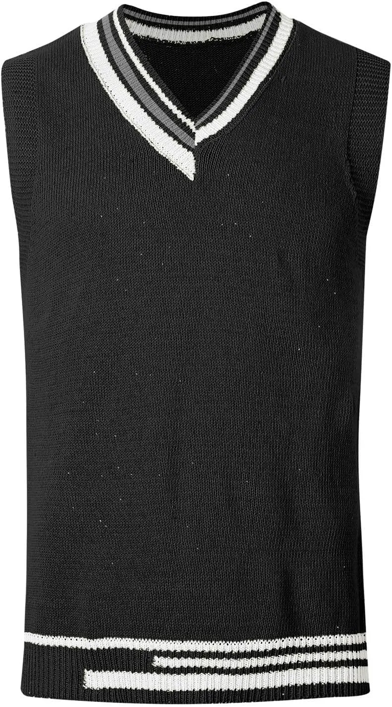 Sleeveless Sweater Vest for Men Color Block Knitted Trendy Pullover Sweater V Neck Comfort Soft Casual Jumper Tops