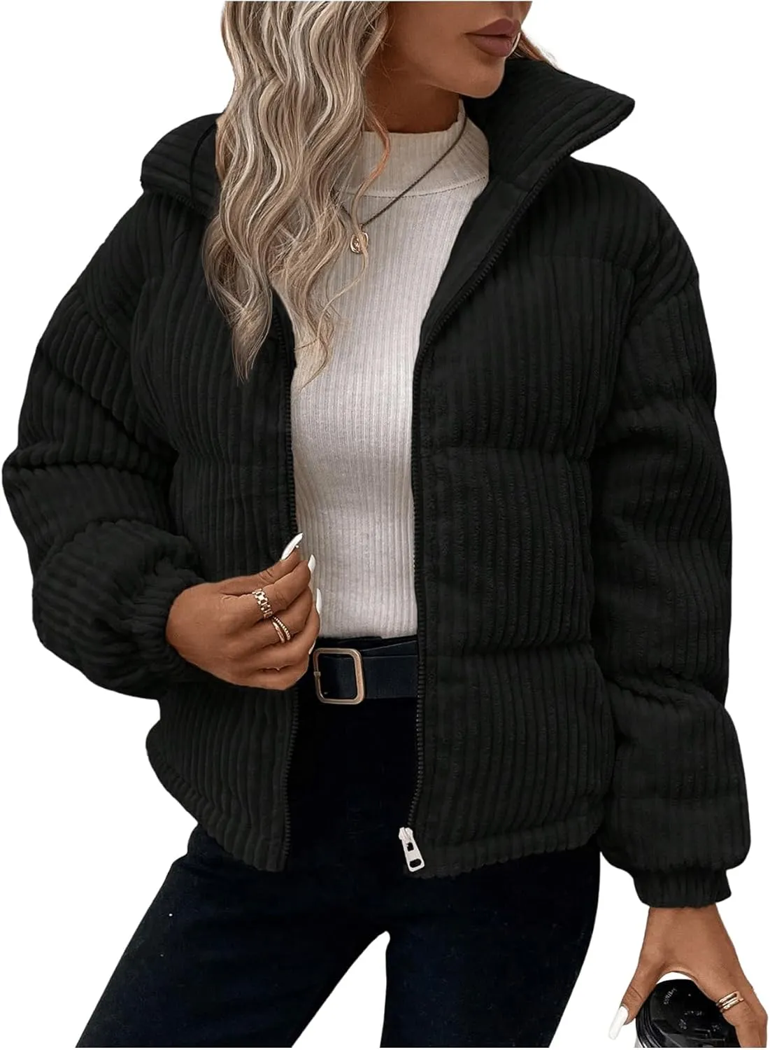 SOLY HUX Women's Zip Up Puffer Jacket Long Sleeve Corduroy Padded Coat Winter Outerwear