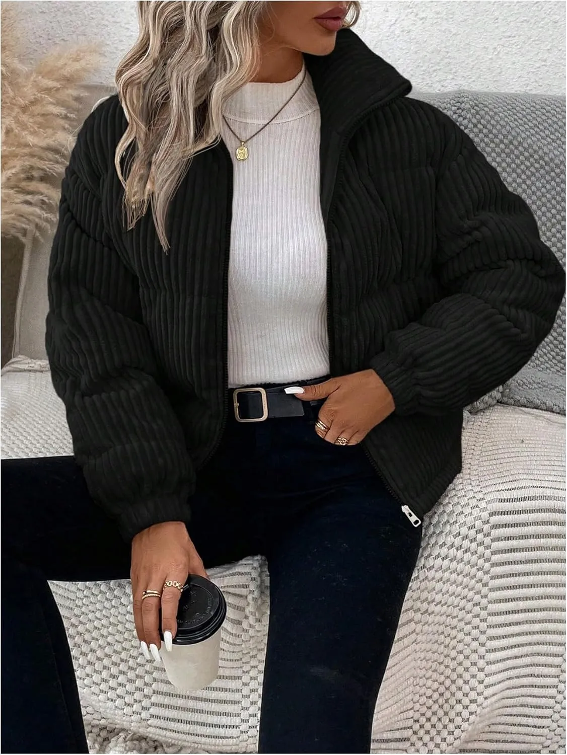 SOLY HUX Women's Zip Up Puffer Jacket Long Sleeve Corduroy Padded Coat Winter Outerwear
