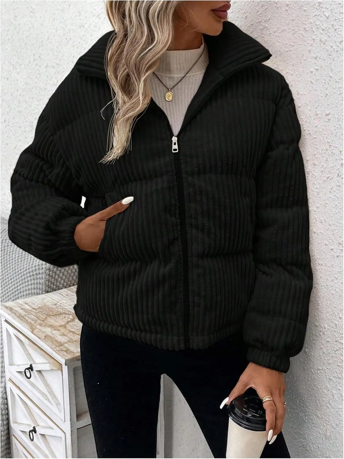 SOLY HUX Women's Zip Up Puffer Jacket Long Sleeve Corduroy Padded Coat Winter Outerwear