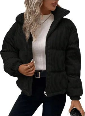 SOLY HUX Women's Zip Up Puffer Jacket Long Sleeve Corduroy Padded Coat Winter Outerwear