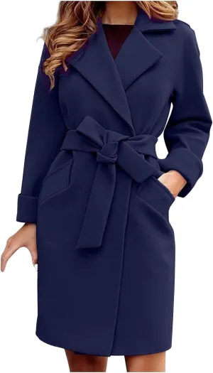 STYESH Womens Wrap Coats with Belt 2023 Fashion Overcoats Notched Lapel Trench Coats Winter Pea Coats Outerwear with Pockets