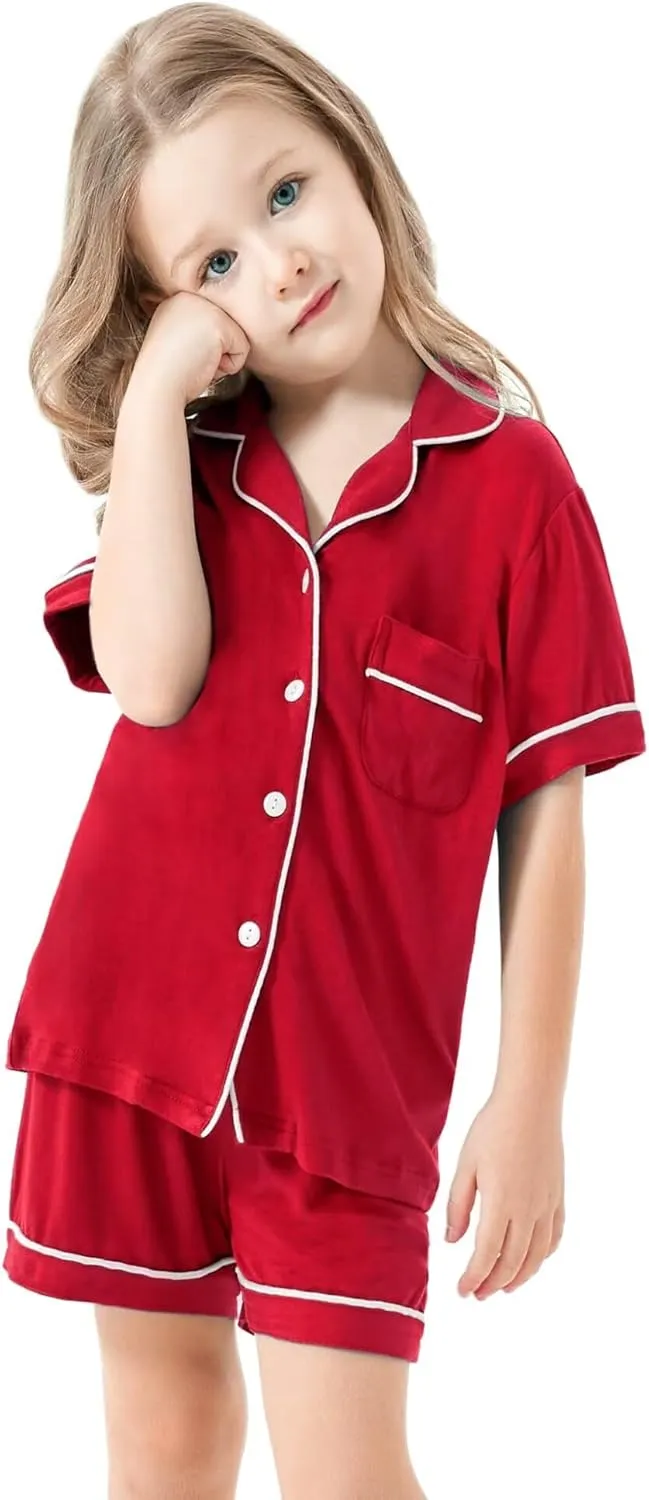 SWOMOG Unisex Girls Boys Modal Pajamas Set Button-Down PJs Short Sleeve Sleepwear Two-Piece Lounge Sets
