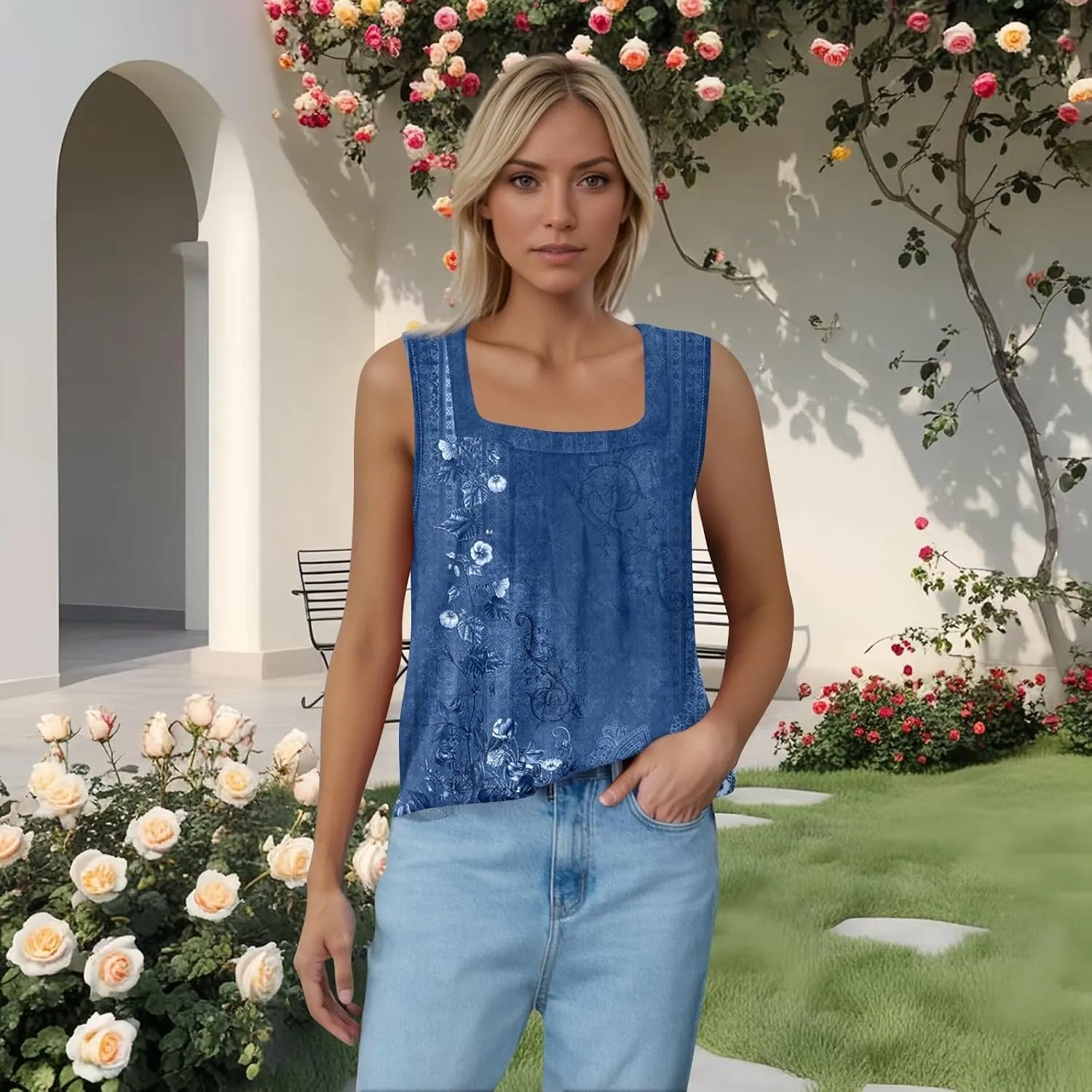 Tank Top for Women Summer 2025 Sleeveless Blouses Pleated Square Neck Casual Loose Fit Flowy Shirts Tunics