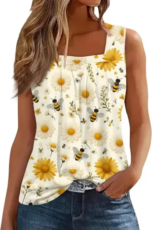 Tank Top for Women Summer 2025 Sleeveless Blouses Pleated Square Neck Casual Loose Fit Flowy Shirts Tunics