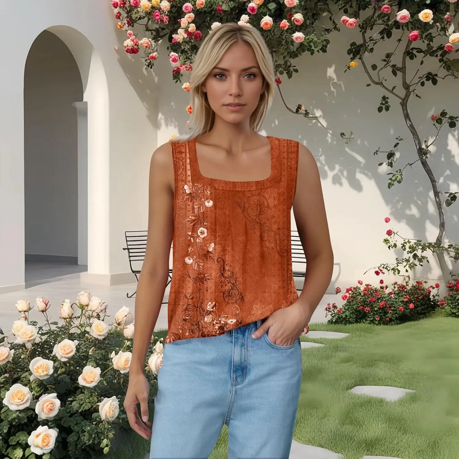Tank Top for Women Summer 2025 Sleeveless Blouses Pleated Square Neck Casual Loose Fit Flowy Shirts Tunics