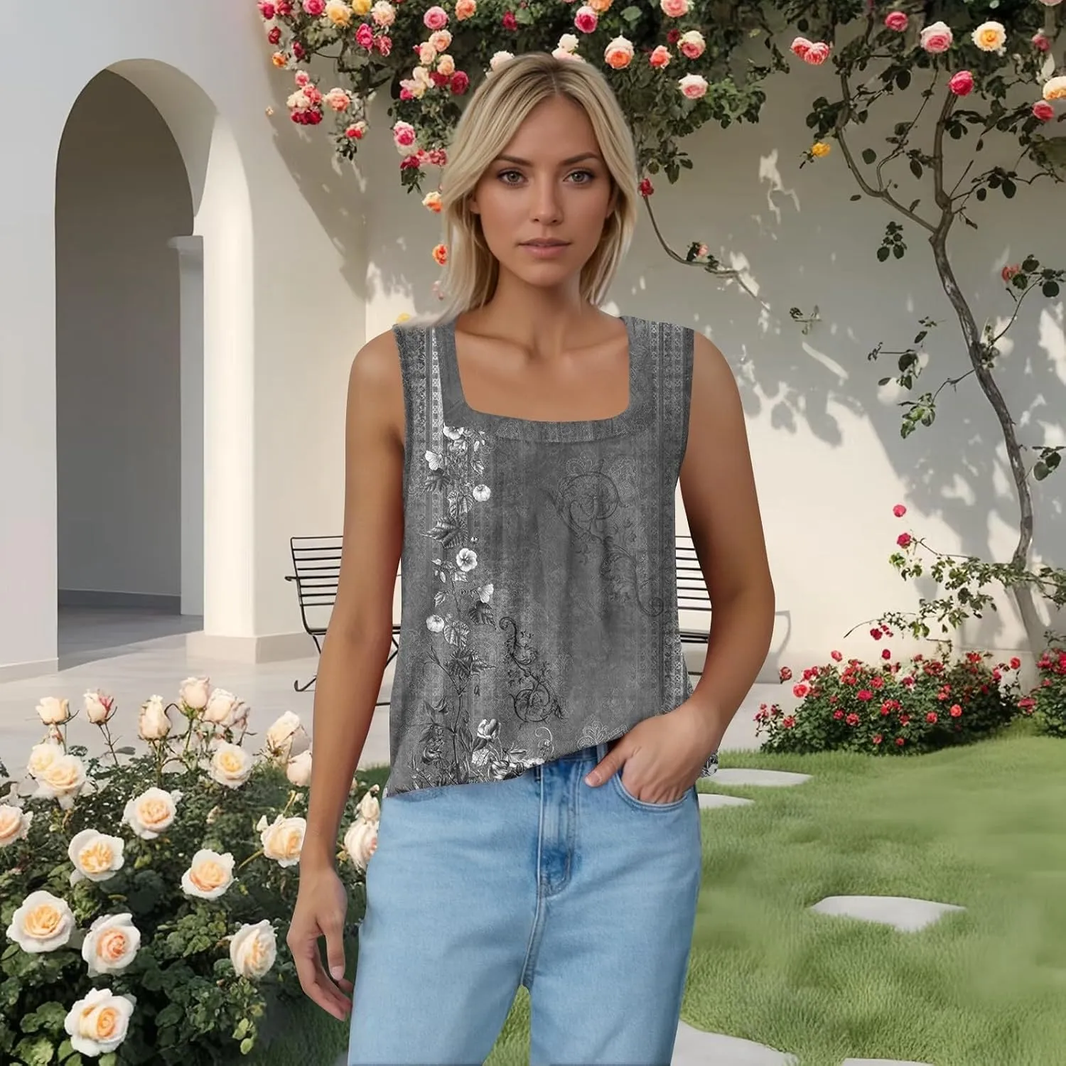 Tank Top for Women Summer 2025 Sleeveless Blouses Pleated Square Neck Casual Loose Fit Flowy Shirts Tunics