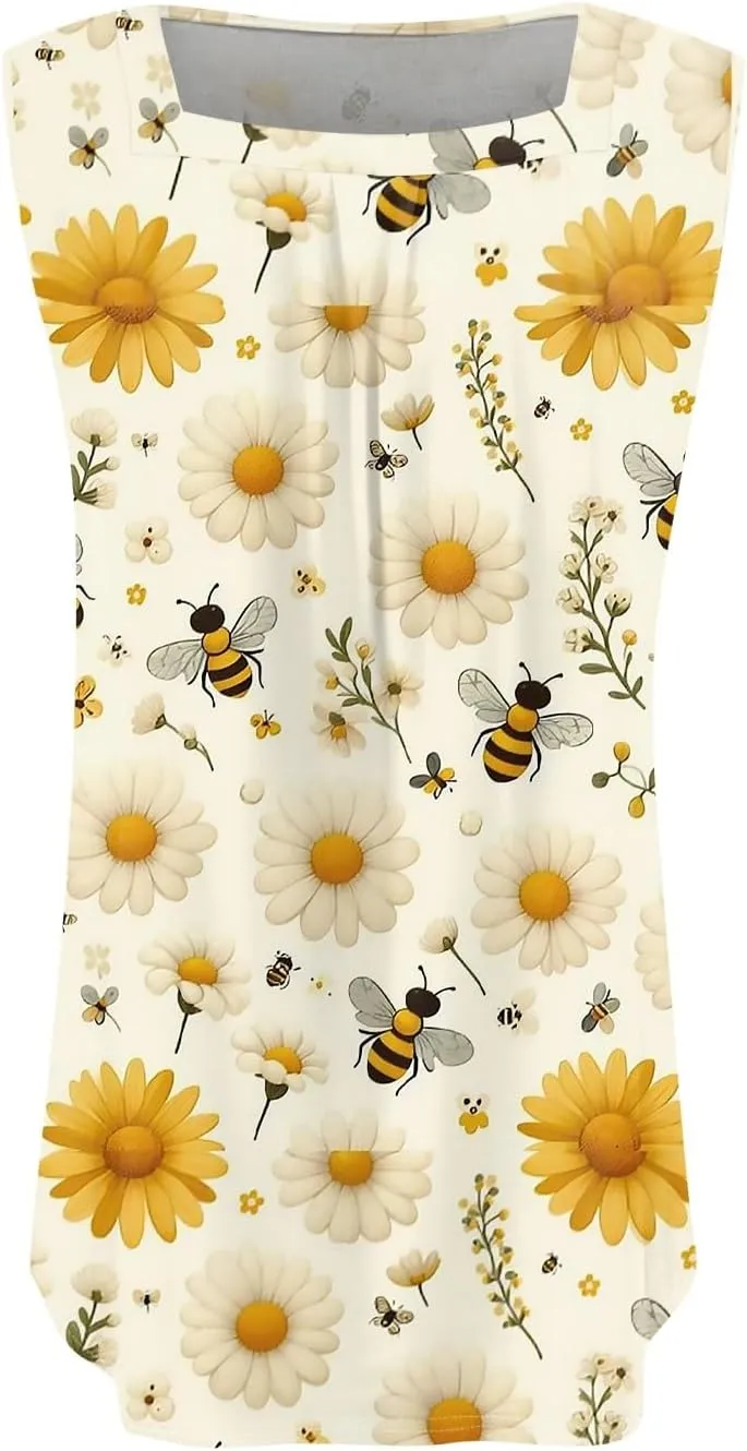 Tank Top for Women Summer 2025 Sleeveless Blouses Pleated Square Neck Casual Loose Fit Flowy Shirts Tunics