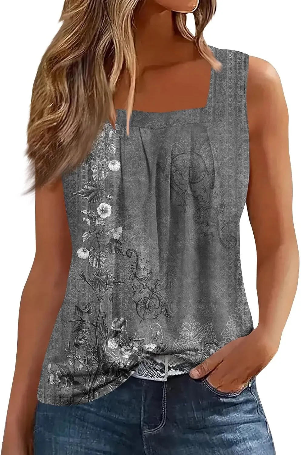 Tank Top for Women Summer 2025 Sleeveless Blouses Pleated Square Neck Casual Loose Fit Flowy Shirts Tunics