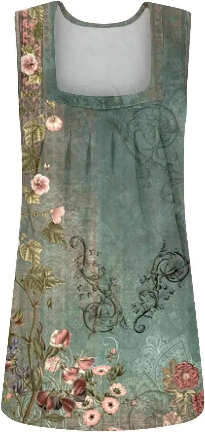Tank Top for Women Summer 2025 Sleeveless Blouses Pleated Square Neck Casual Loose Fit Flowy Shirts Tunics