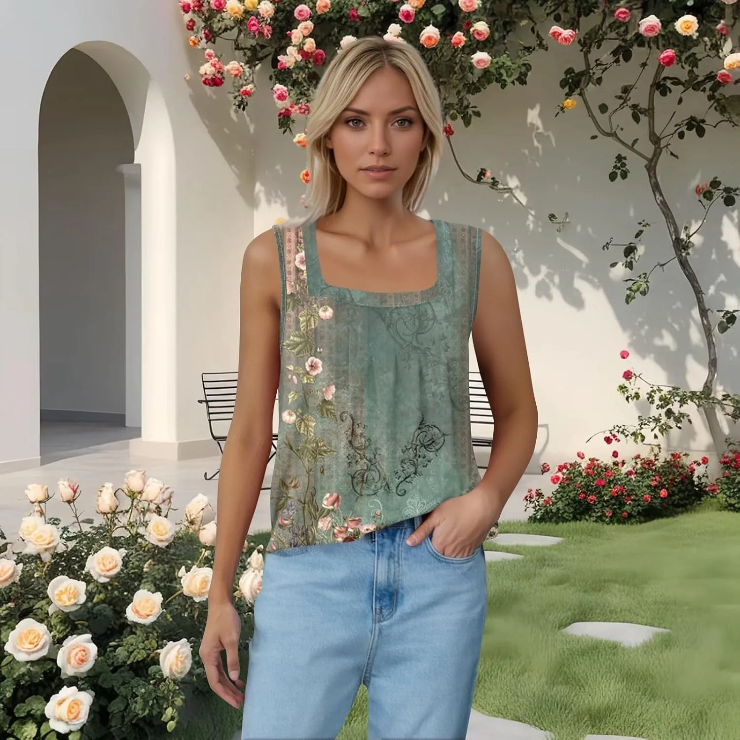 Tank Top for Women Summer 2025 Sleeveless Blouses Pleated Square Neck Casual Loose Fit Flowy Shirts Tunics