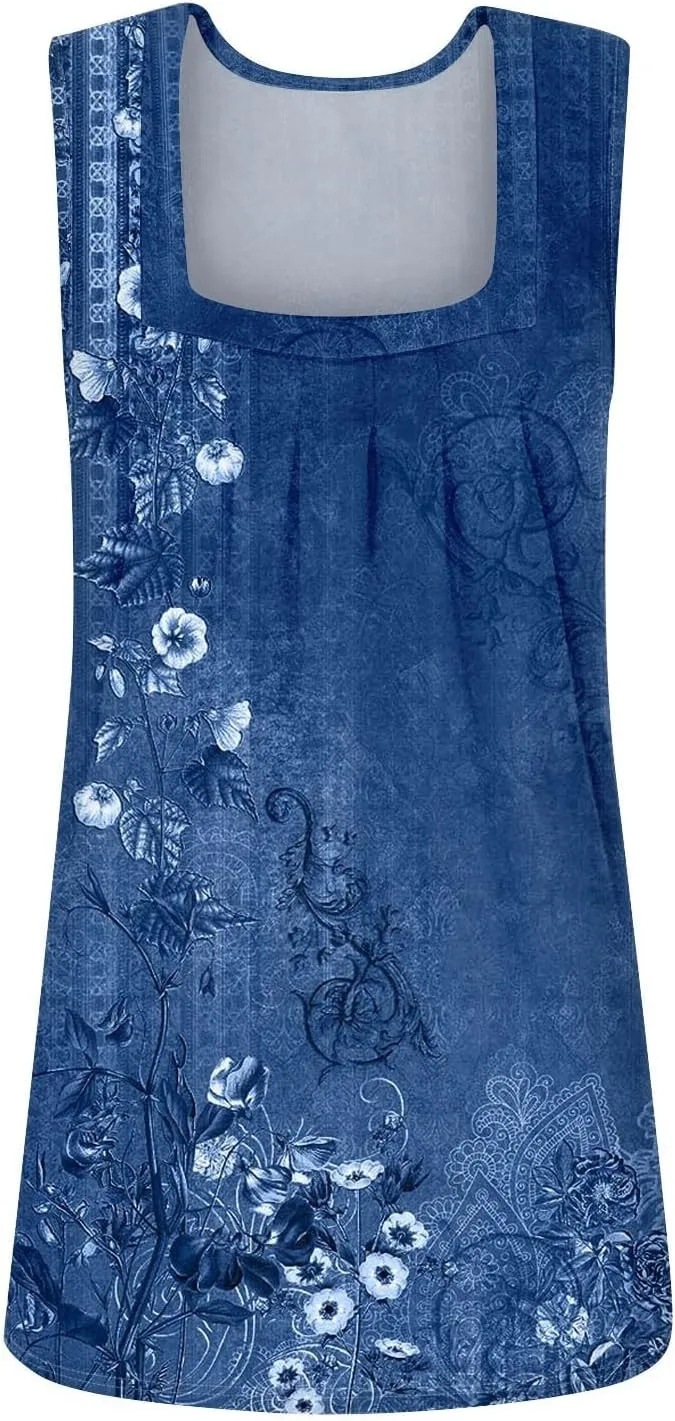 Tank Top for Women Summer 2025 Sleeveless Blouses Pleated Square Neck Casual Loose Fit Flowy Shirts Tunics